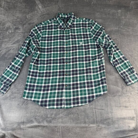 Chaps Cotton Flannel Button Up Shirt Mens 2XL Rustic Green Plaid Long Sleeve - Picture 1 of 9